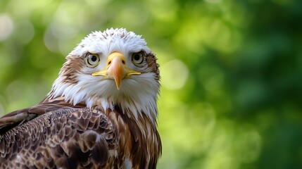 Closeup portrait of a majestic bald eagle with sharp eyes and detailed feathers against a soft green backdrop : Generative AI
