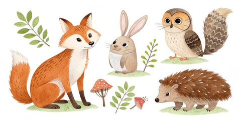 Watercolor Forest Animals Fox, Rabbit, Owl, Hedgehog Illustration, Woodland , Clipart