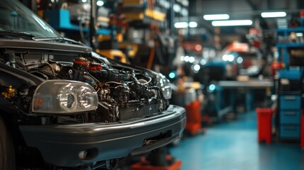 Fototapeta premium Close-up of car engine in repair shop.