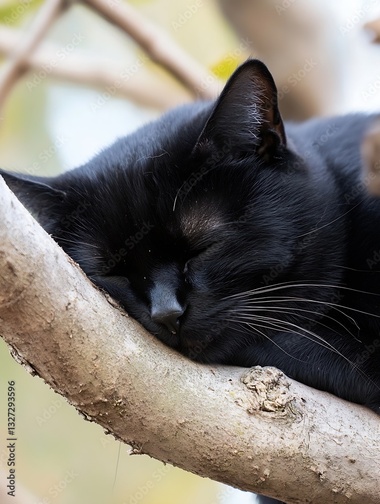 Poster serene moment of a black cat peacefully sleeping on a tree branch surrounded by vibrant nature : gen