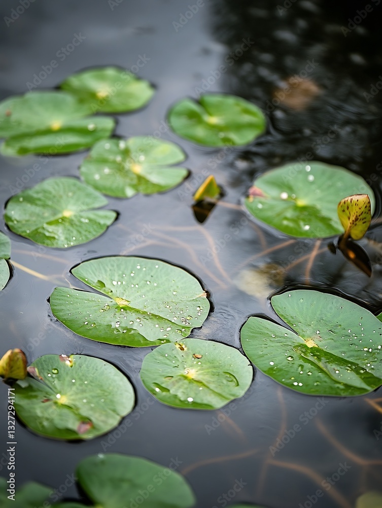 Poster Serene water surface featuring floating lily pads and gentle ripples in a tranquil pond : Generative AI