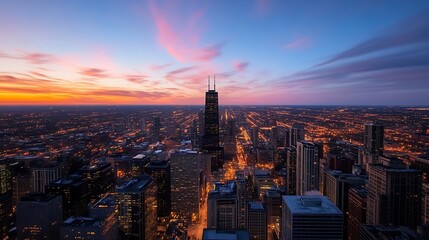 Obraz premium Stunning aerial view of a vibrant city skyline illuminated by sunset lights against a colorful sky : Generative AI