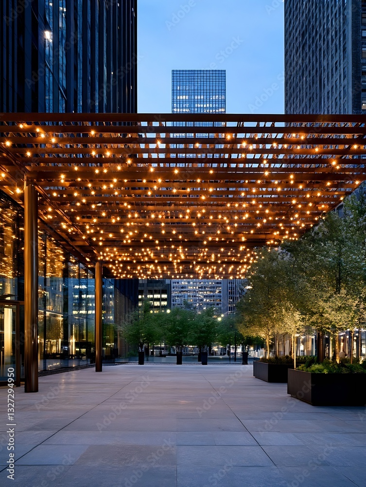 Poster stunning urban space illuminated by warm lights showcasing modern architecture at dusk : generative 