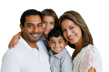portrait of happy Inter-racial family with parents and children, isolated on white transparent background