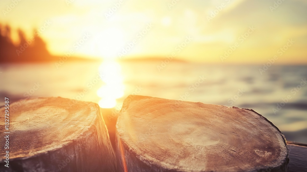 Poster golden sunset over the calm water with close up of timber logs in background : generative ai