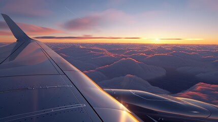 Sunrise View from Airplane Wing Reflective Panels Above the Clouds for Aviation Travel Design