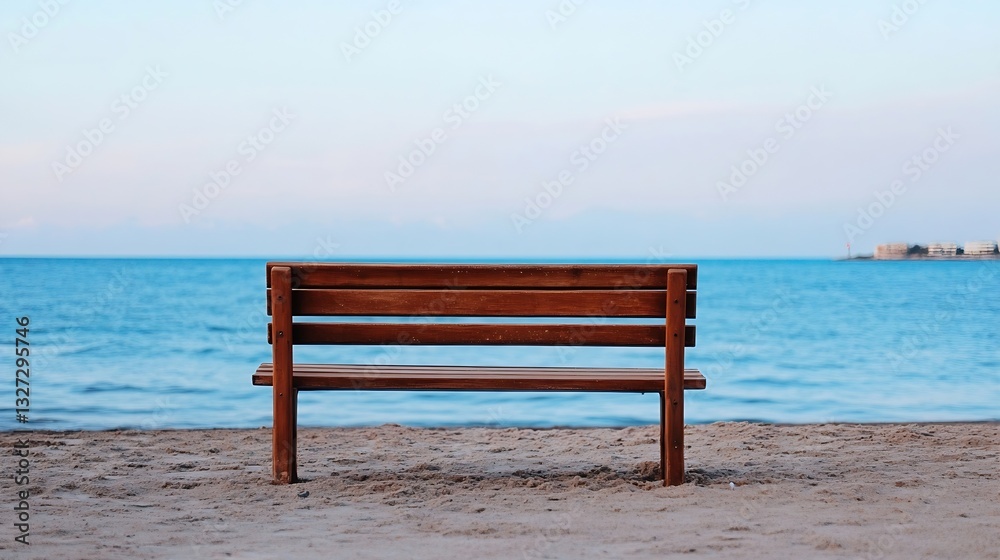 Poster sleek wooden bench overlooking a serene beach and calm waters under a clear sky : generative ai