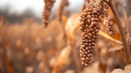 Close up of mature sorghum grains ready for harvest in a golden field : Generative AI