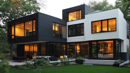 Obraz premium Sleek monochrome modern home with black and white exterior, stylish patio furniture, and lush landscaping