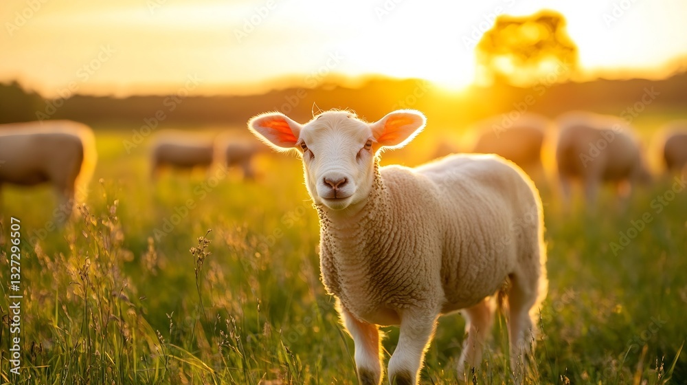 Poster adorable sheep grazing in a golden pasture at sunset with soft light capturing the serene countrysid