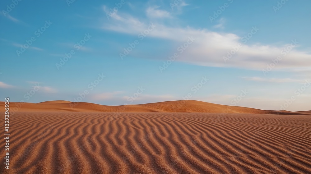 Poster Expansive view of golden sand dunes under a blue sky with soft clouds during the day in the desert : Generative AI