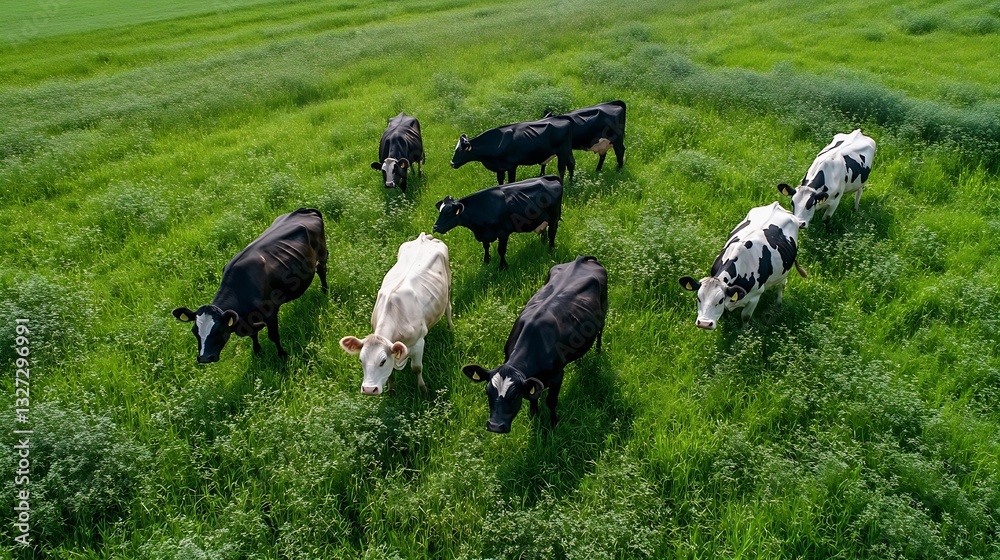 Poster aerial view of cows grazing in a lush green pasture on a bright sunny day : generative ai