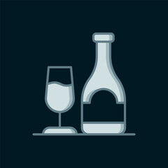 Line Wine bottle with glass icon isolated on black background. Flat filled outline style with shadow. Vector
