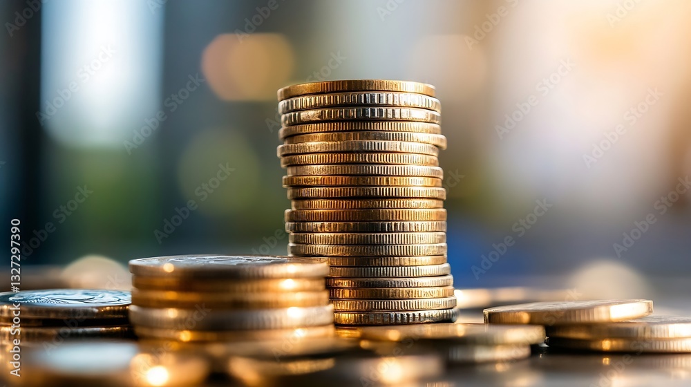 Poster shiny golden coins stacked elegantly showcasing wealth and finance for investment concepts : generat