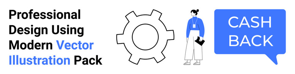 Gear icon, woman holding a folder wearing an ID lanyard, blue cashback speech bubble. Ideal for business, marketing, rewards, professionalism, teamwork e-commerce services. Flat landing page banner