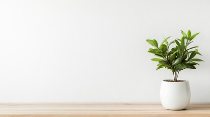 Modern indoor plant in a white pot on a wooden table against a clean white background : Generative AI
