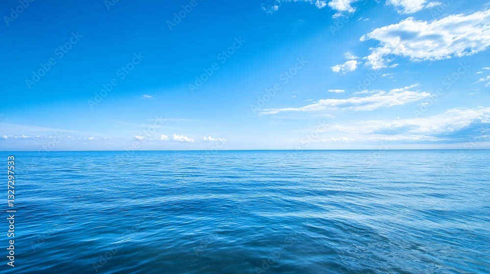 Poster endless calm blue ocean water under a bright sky with soft clouds reflecting tranquility and peace :