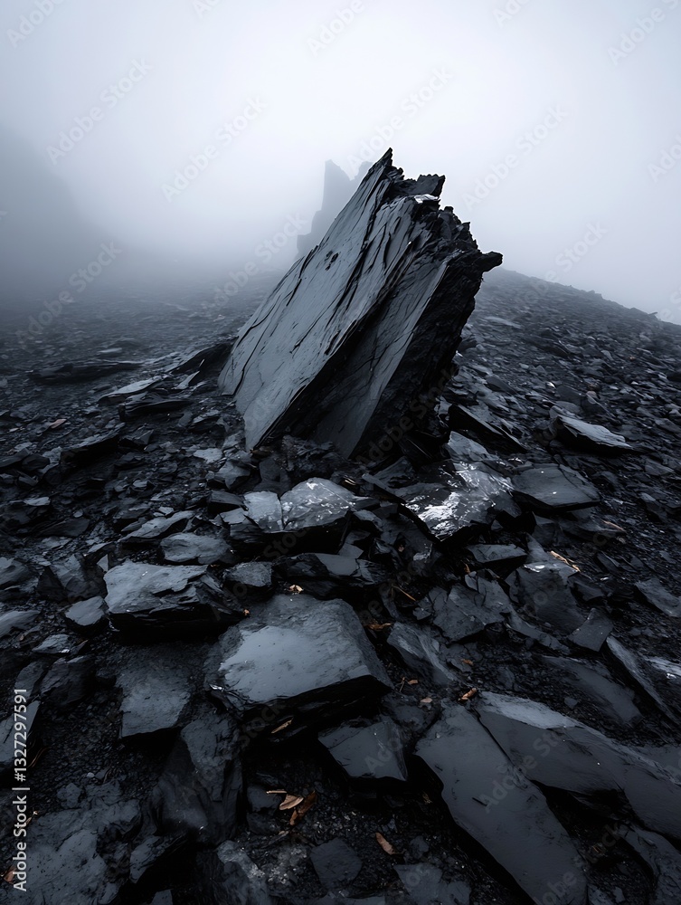 Poster mysterious dark rock formation rising through fog on a gritty terrain : generative ai