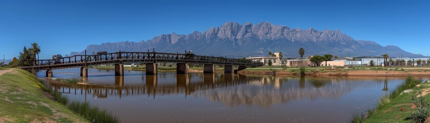 A bridge spans a river with a mountain in the background