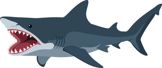 Obraz premium A fierce-looking shark swimming gracefully in a vibrant ocean, showcasing flat design elements and bold colors, vector illustration