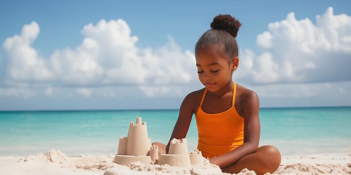 A young girl is sitting on the beach and building a sand castle. The beach is calm and peaceful, and the girl is enjoying her time