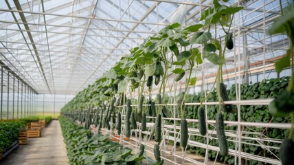 Cucumber Greenhouse: Rows of Lush Green Cucumber Plants Growing in a Modern Greenhouse