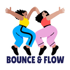 Flat style sticker of dancing duo with bounce and flow typography