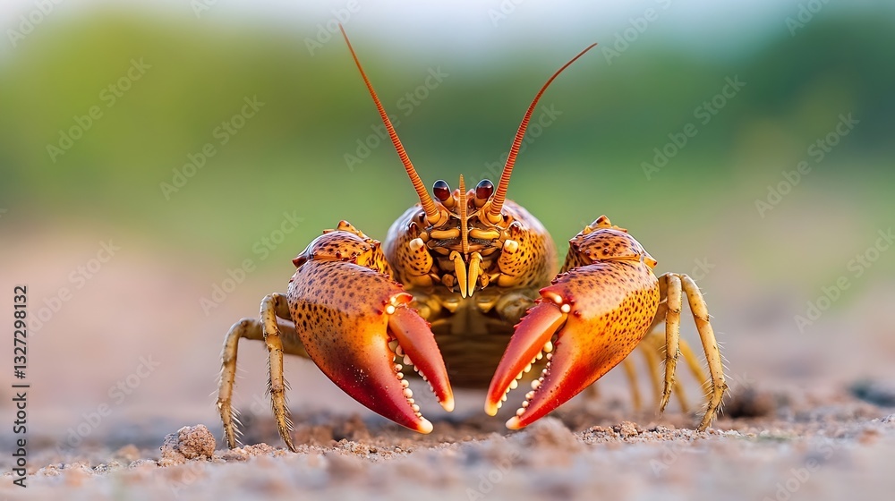 Poster closeup of a colorful lobster crawfish displaying its claws in natural habitat : generative ai