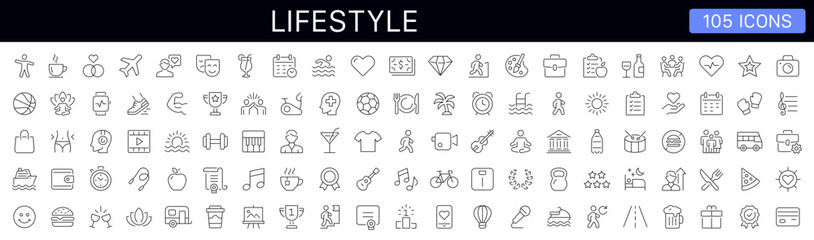 Lifestyle thin line icons set. Healthy lifestyle, sport, diet, entertainment icon. Editable stroke. Vector illustration
