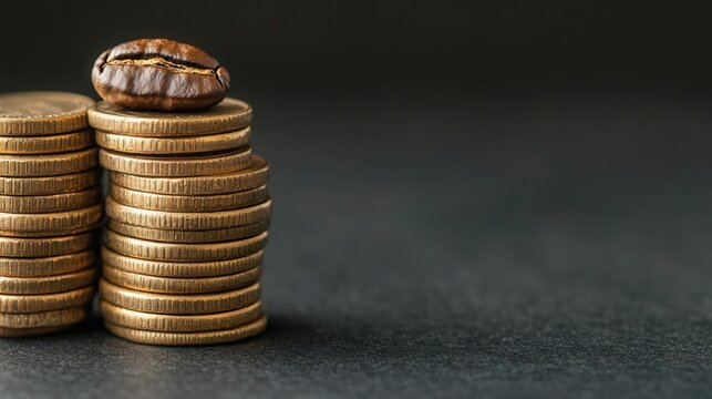 A close-up of coffee bean resting atop stacks of coins, representing rising coffee prices, market inflation, and the economic impact of global coffee production costs