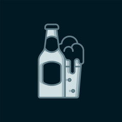 Line Beer bottle and glass icon isolated on black background. Alcohol Drink symbol. Flat filled outline style with shadow. Vector