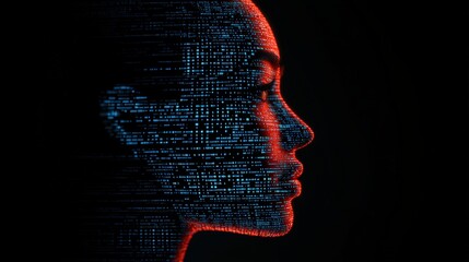 Digital depiction of an artificial intelligence head with fragmented and distorted data streams against a red background, representing AI role in navigating misinformation and cybersecurity challenges
