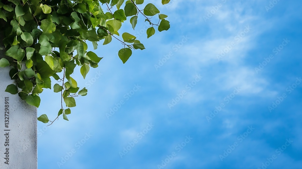 Poster fresh green leaves under blue sky and bright light creating a serene atmosphere : generative ai