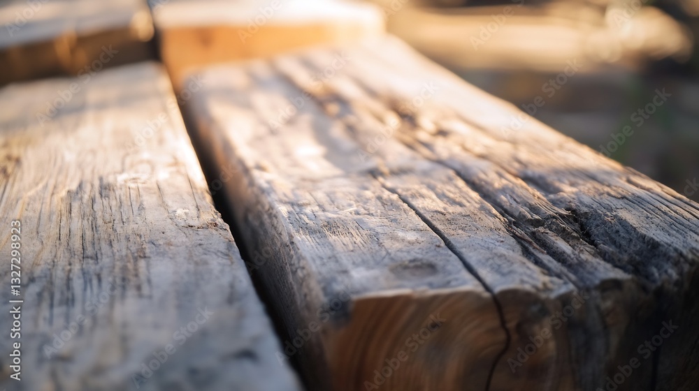 Poster close up image of rustic wooden logs showing natural texture and organic grain under warm sunlight :
