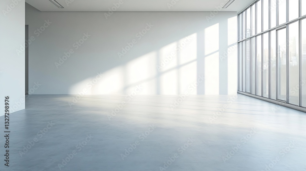 Fototapete minimalist interior view of a spacious empty room with large windows and sunlight streaming in : gen