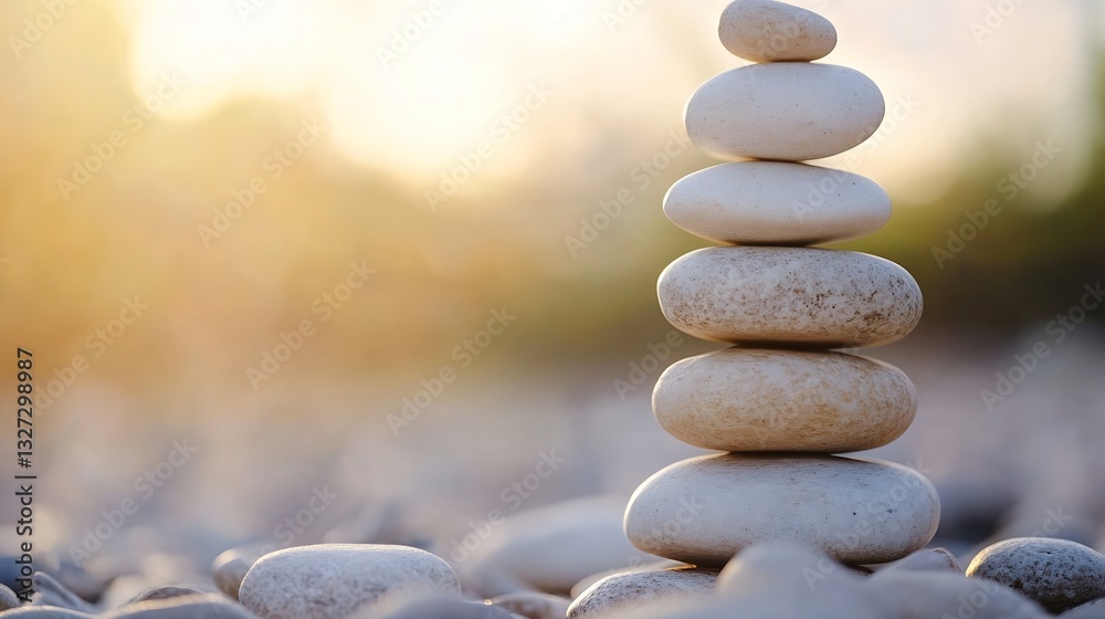Poster stack of smooth pebbles balanced gracefully on a sunlit beach with a soft blurred background : gener