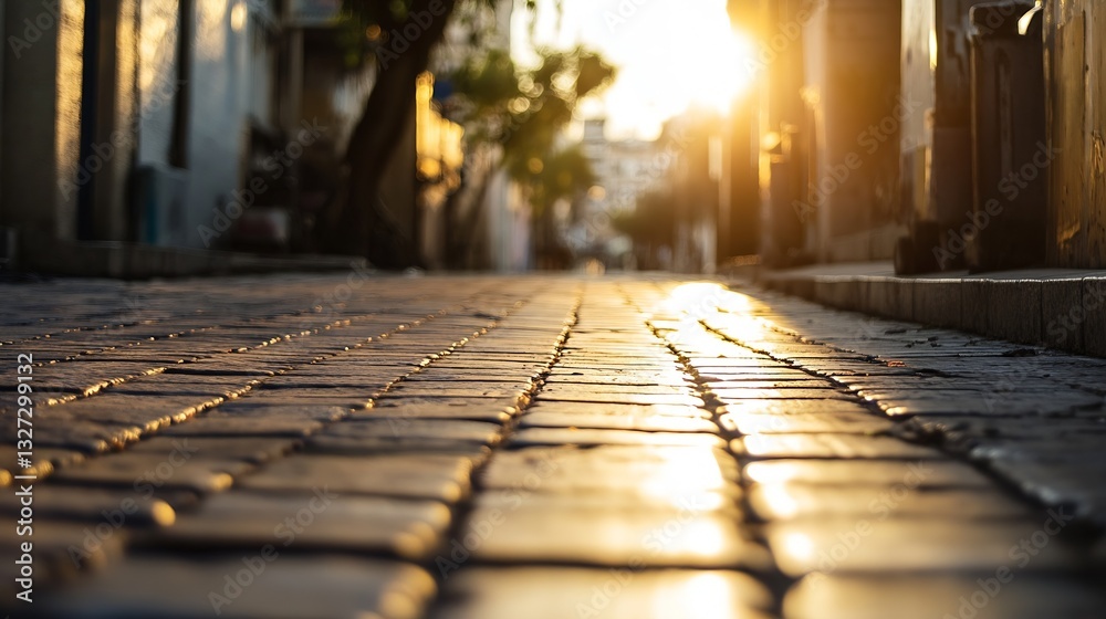 Poster scenic view of cobblestone street illuminated by golden sunlight and lined with charming buildings :