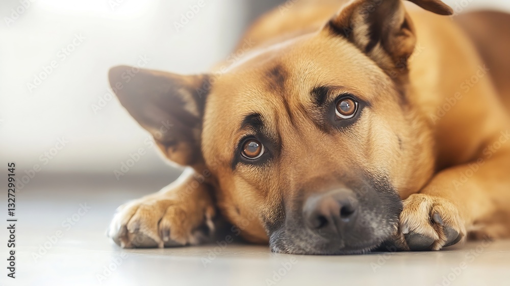 Poster closeup of a sad dog laying on the floor with expressive eyes and longing gaze : generative ai