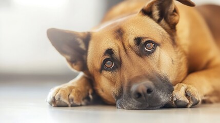 Obraz premium Closeup of a sad dog laying on the floor with expressive eyes and longing gaze : Generative AI