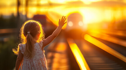 Child waves goodbye to a departing train during a stunning sunset in the evening sky