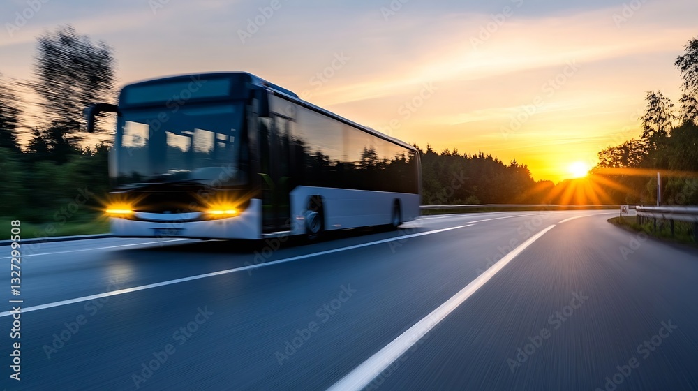 Aufkleber dynamic shot of a bus speeding along a winding road with a beautiful sunset in the background : gene