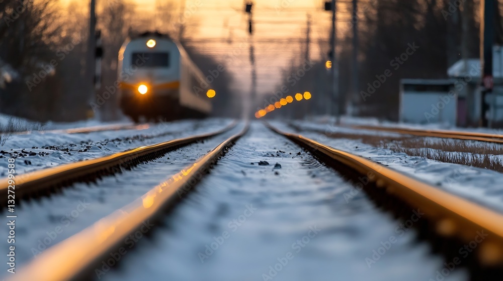 Poster train approaching along the railway tracks during sunset creating a magical atmosphere with lights :