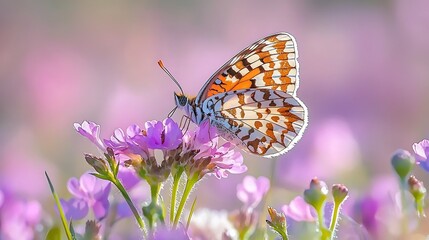 Naklejka premium Butterfly on Purple Flowers Nature Photography