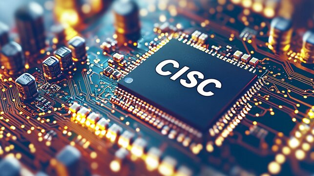 view of a microchip on a circuit board, illustrating the power of CISC-based processors. "CISC" Microchip, CISC architecture, circuit board, processing power, CPU, tech design, close-up, data 