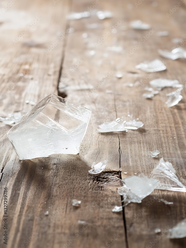 Aufkleber Shattered glass piece lying on a rustic wooden surface reflecting light around its edges : Generative AI