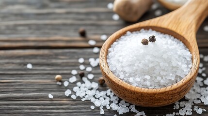 Wooden spoon filled with gourmet sea salt and peppercorns on rustic kitchen table : Generative AI