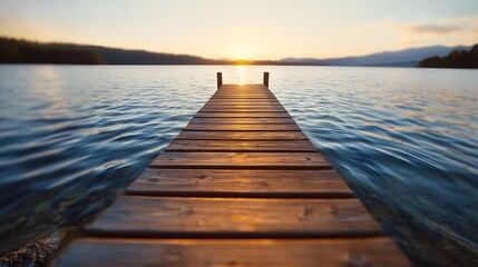 Obraz premium Serene Lakeside Retreat with Weathered Wooden Dock and Gentle Rippling Waters at Sunset
