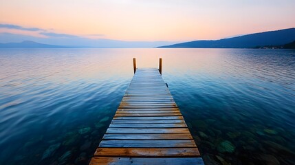 Obraz premium Serene Lakeside Retreat with Weathered Wooden Dock and Gently Rippling Waters at Golden Hour