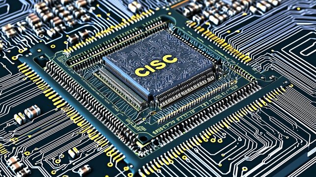 technical diagram of a CPU with detailed lines and connections illustrating the CISC architecture. "CISC" Technical diagram, CPU, microchip, CISC architecture, processor, component layout, high-tech, 