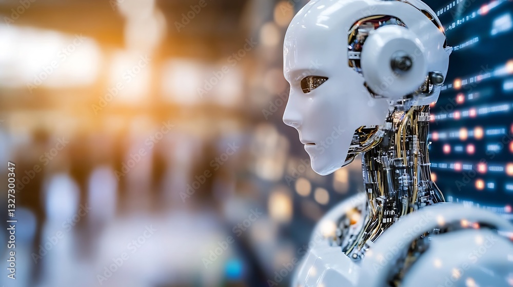 Leinwandbilder Close up view of a futuristic robotic head showcasing advanced AI technology and digital interface : Generative AI
